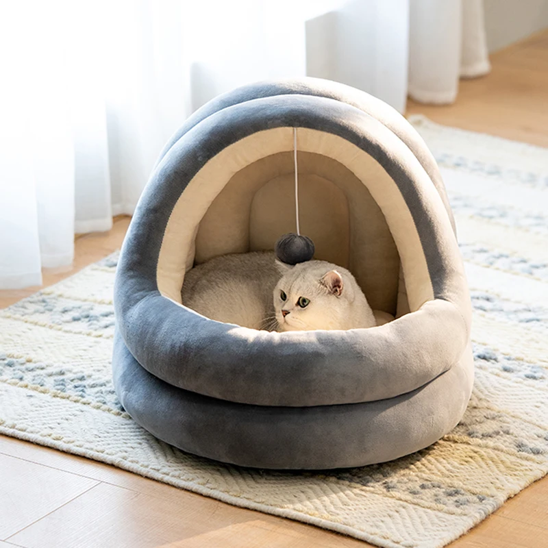 Warm Cat Calming Bed House with Ball Toys Pet Bed for Cats and Dogs Pet Supplies cave hooded cat bed