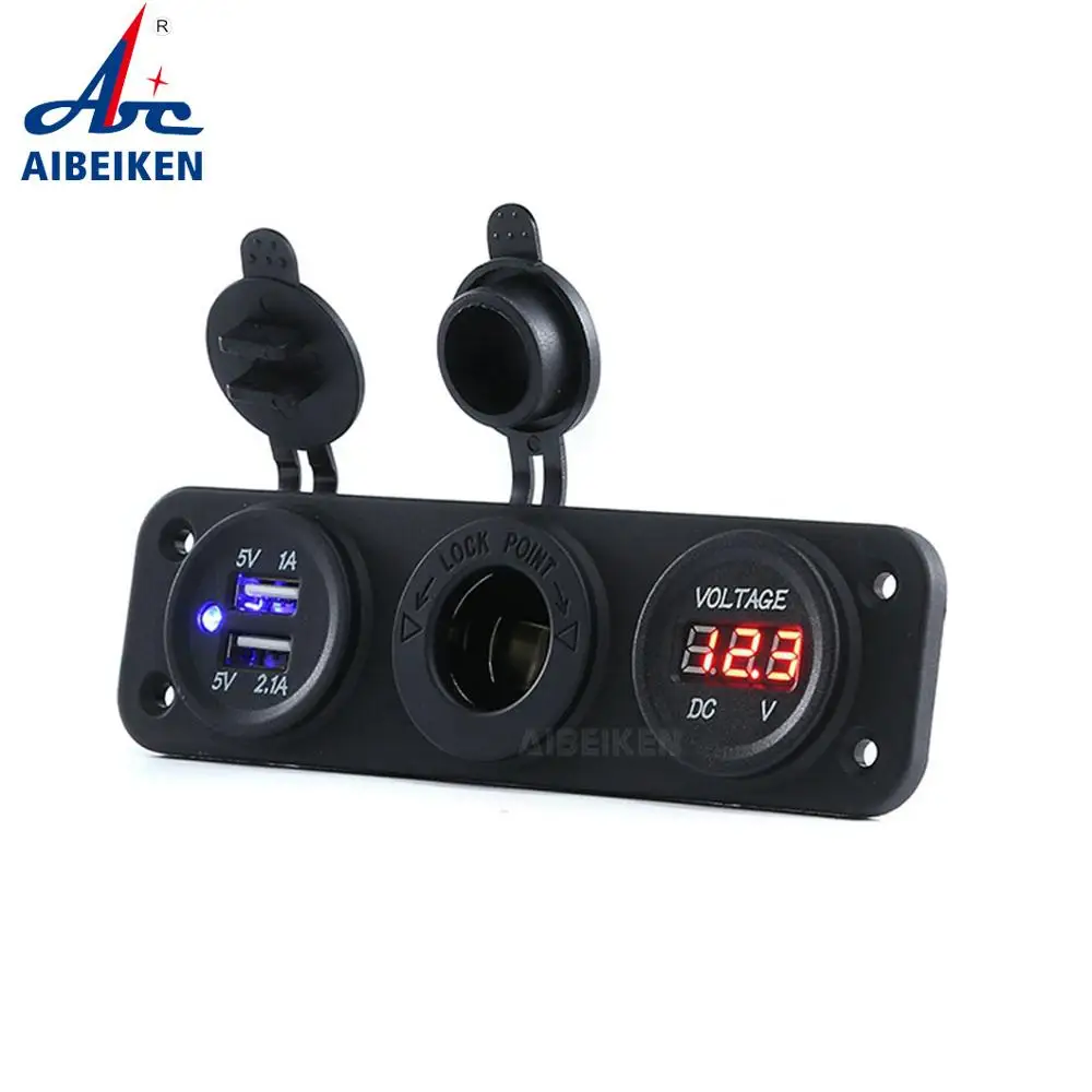 Input 12V 24V Three Port Fixed Panel Dual USB 5V 3.1A Blue LED Light Car Charger  35V DC Voltmeter Power Socket