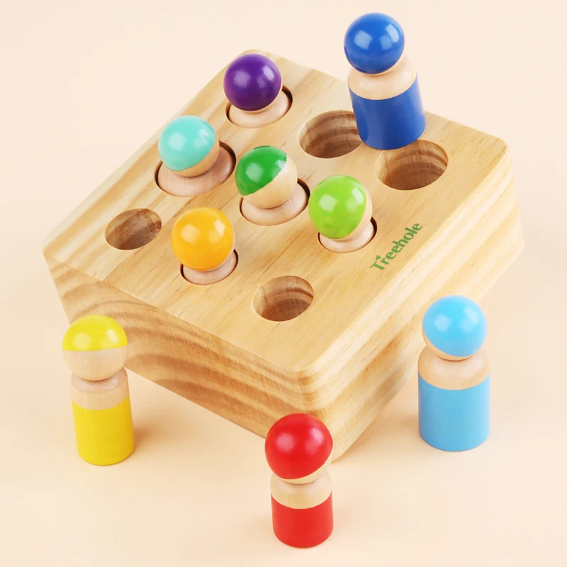 2021 Amazon Best Selling Montessori Wooden Toys Colorful Wooden Socket Villain Cylinder Play Set