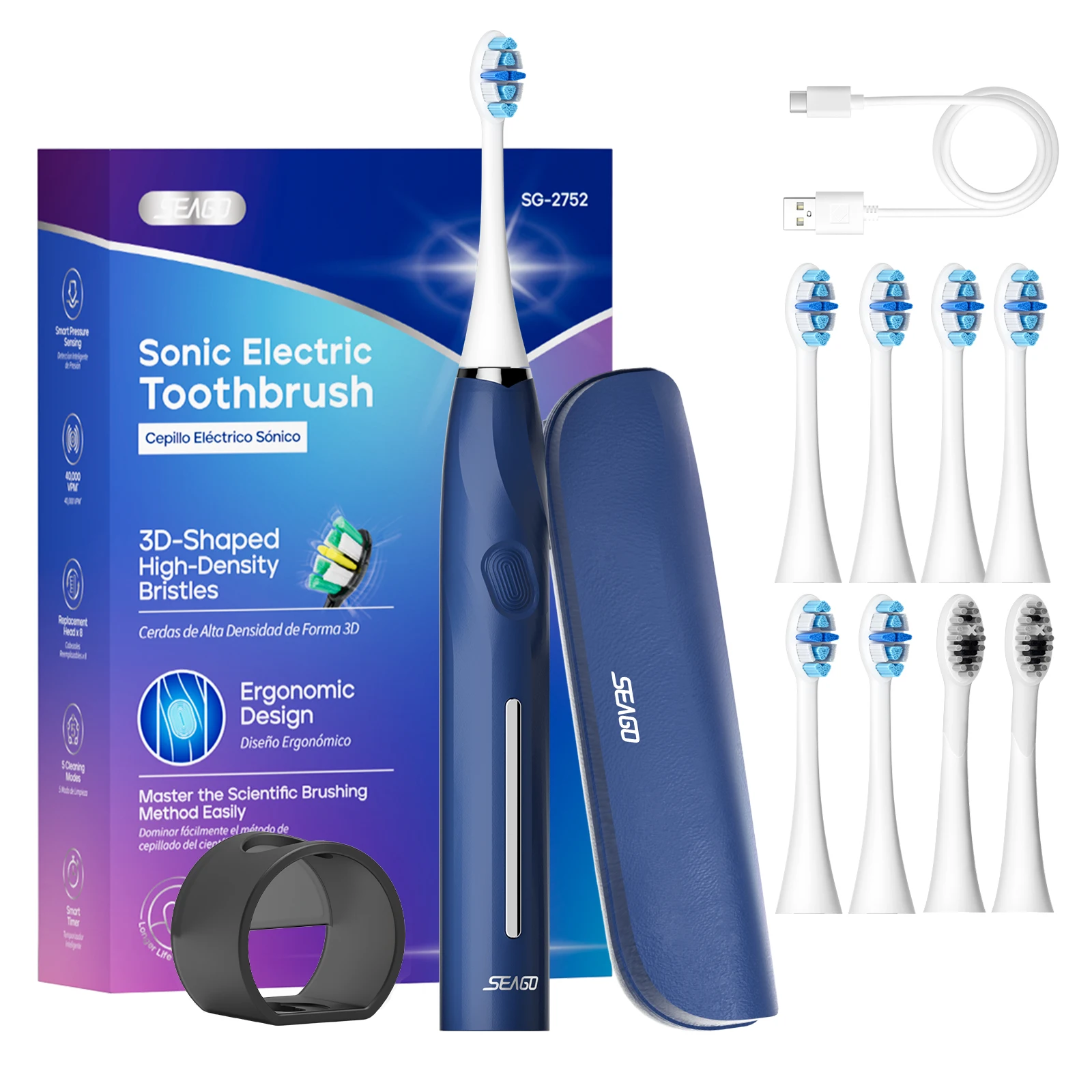 SEAGO SG2752 Seamless Button Ergonomic Design 5 Mode Deep Dental Care Men Women Gifts Sonic Electric Toothbrush With Travel Case