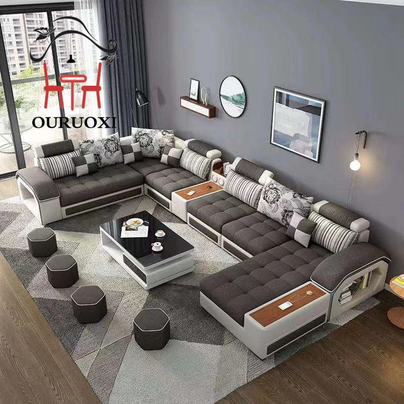 U Shape 7 Seater Sofa Fabric Modern Design Sofa Set Furniture Living Room Sofa