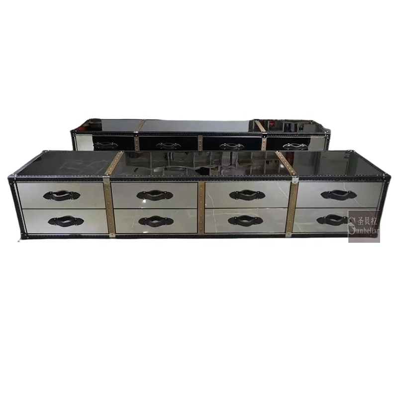 luxury TV cabinet high quality home floor stand TV table with drawers vintage genuine leather stainless steel console cabinet