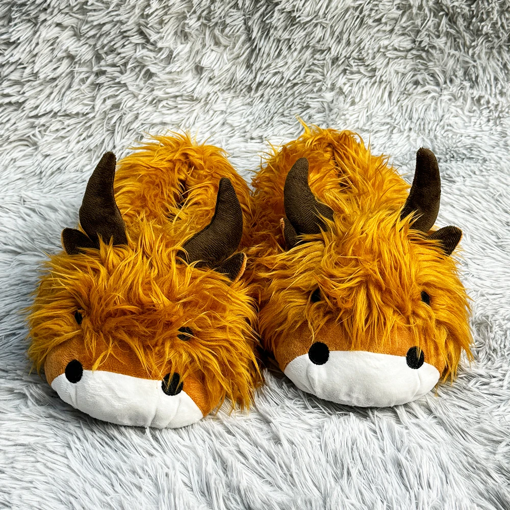 2024 Ned Indoor Highland Cow Plush Slippers Toy Animal Slippers Brown Custom Design Indoor Shoes