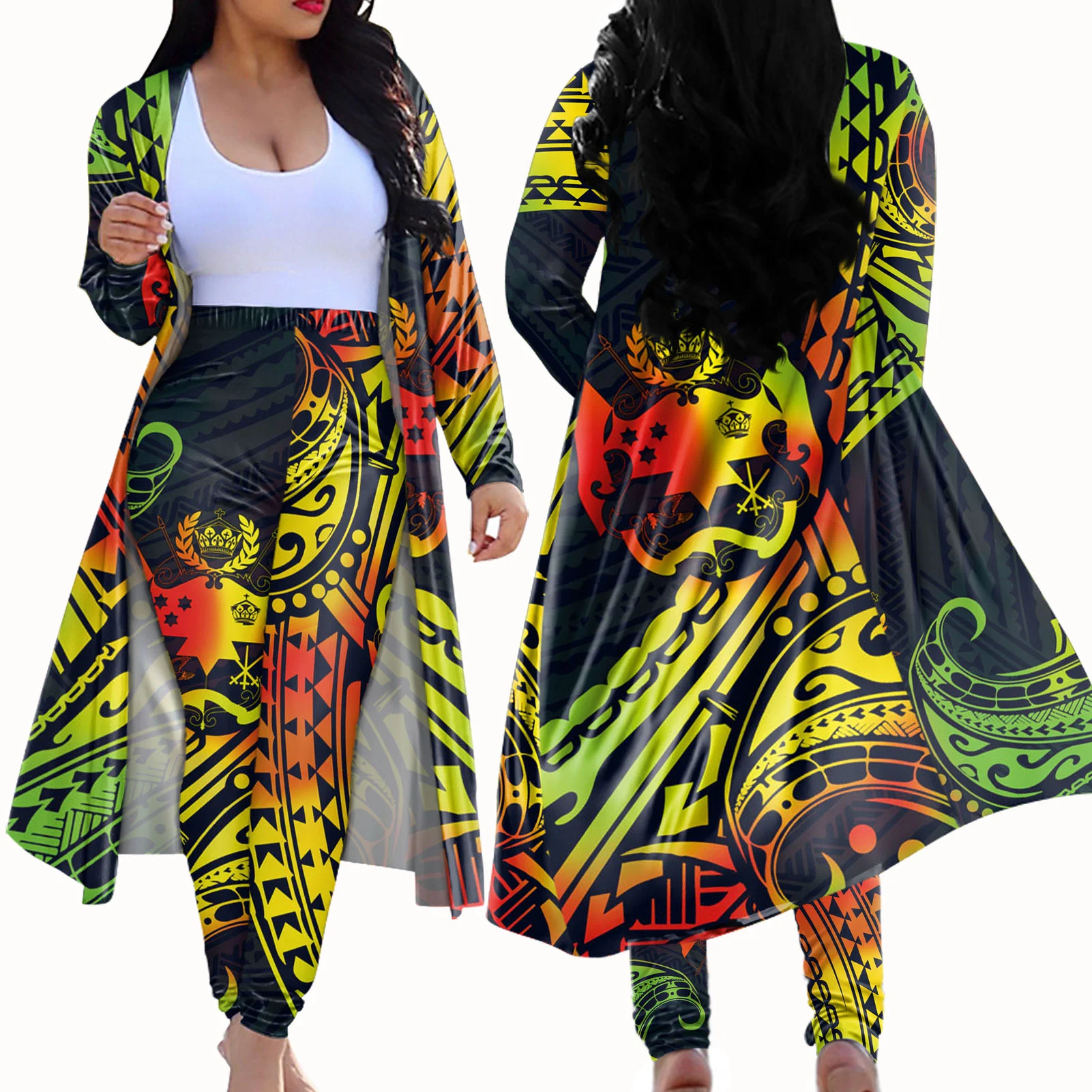Rasta Color 4XL Ladies Oversize Clothing Customize Polynesian Samoa Tribal Design Casual Cardigan Set Knitted Pants Outfits Sets