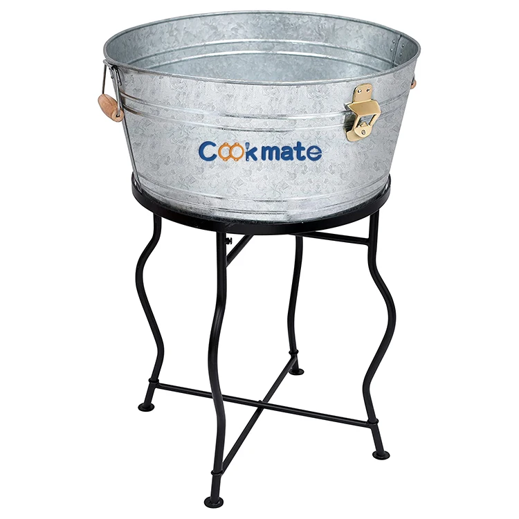 Large Liter Container Beer Beverage Tub Metal Galvanized Bucket With Wood Handles