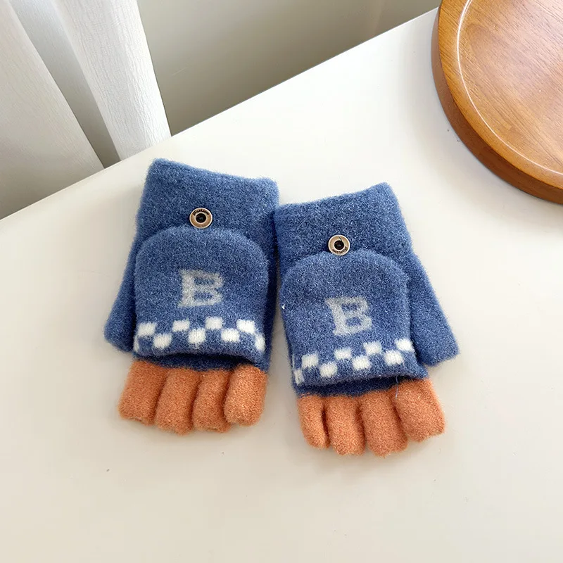 Children  Winter Half Finger Gloves Jacquard Letter Students Five Finger Writing Gloves