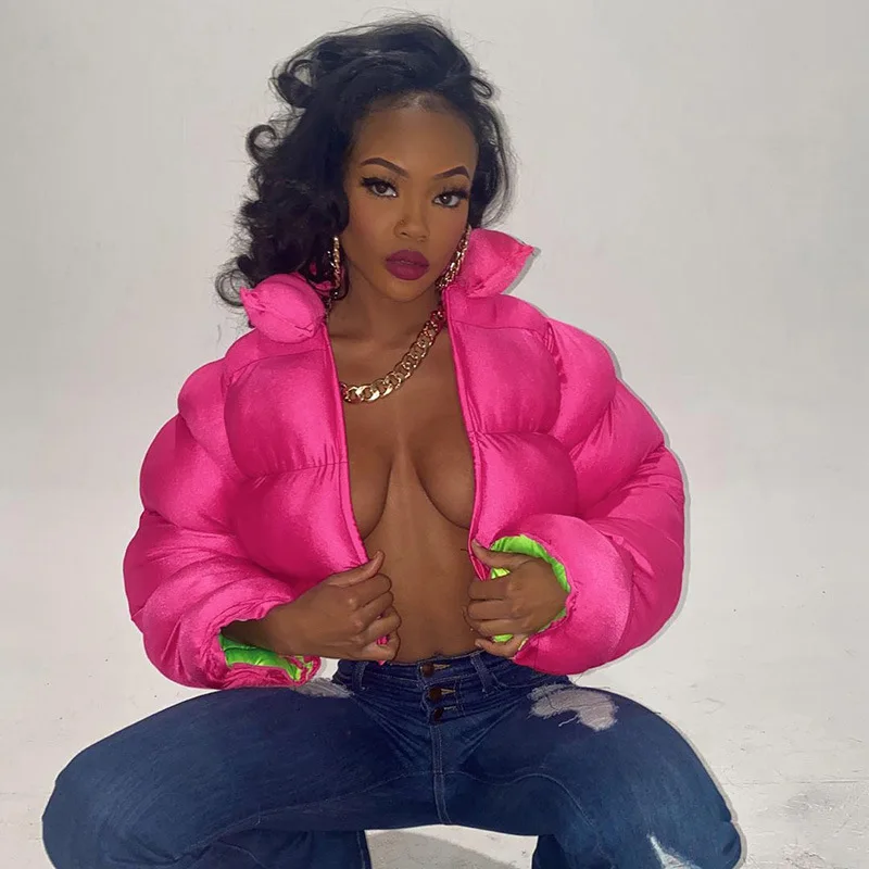 Winter Women Apparel Clothing Warm Neon Green Cropped Bubble Jackets Ladies Winter Coats Thick