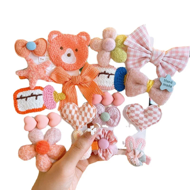 Cute bow flower hairpins metal hair clip on bangs front hairs Hair clips baby girls plush headband crochet hairgrips 9pc sets