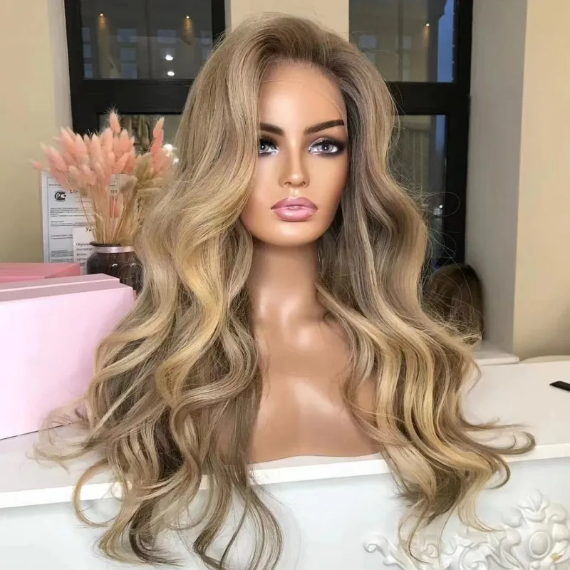 Caramel Highlight Blonde Human Hair Wigs Natural Wave Straight European Virgin HD Transparent Lace Front Wigs