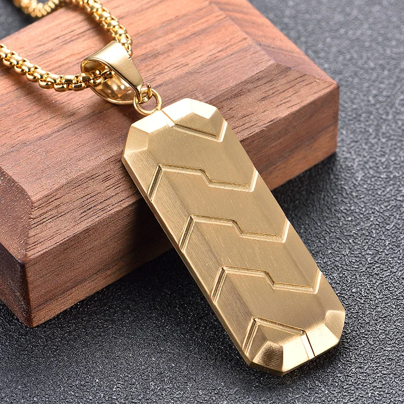 Corrosion Resistant PVD Coating Link Chain Necklace Tire Pattern Carved Long Hexagon Titanium Steel Pendant Necklace for Men