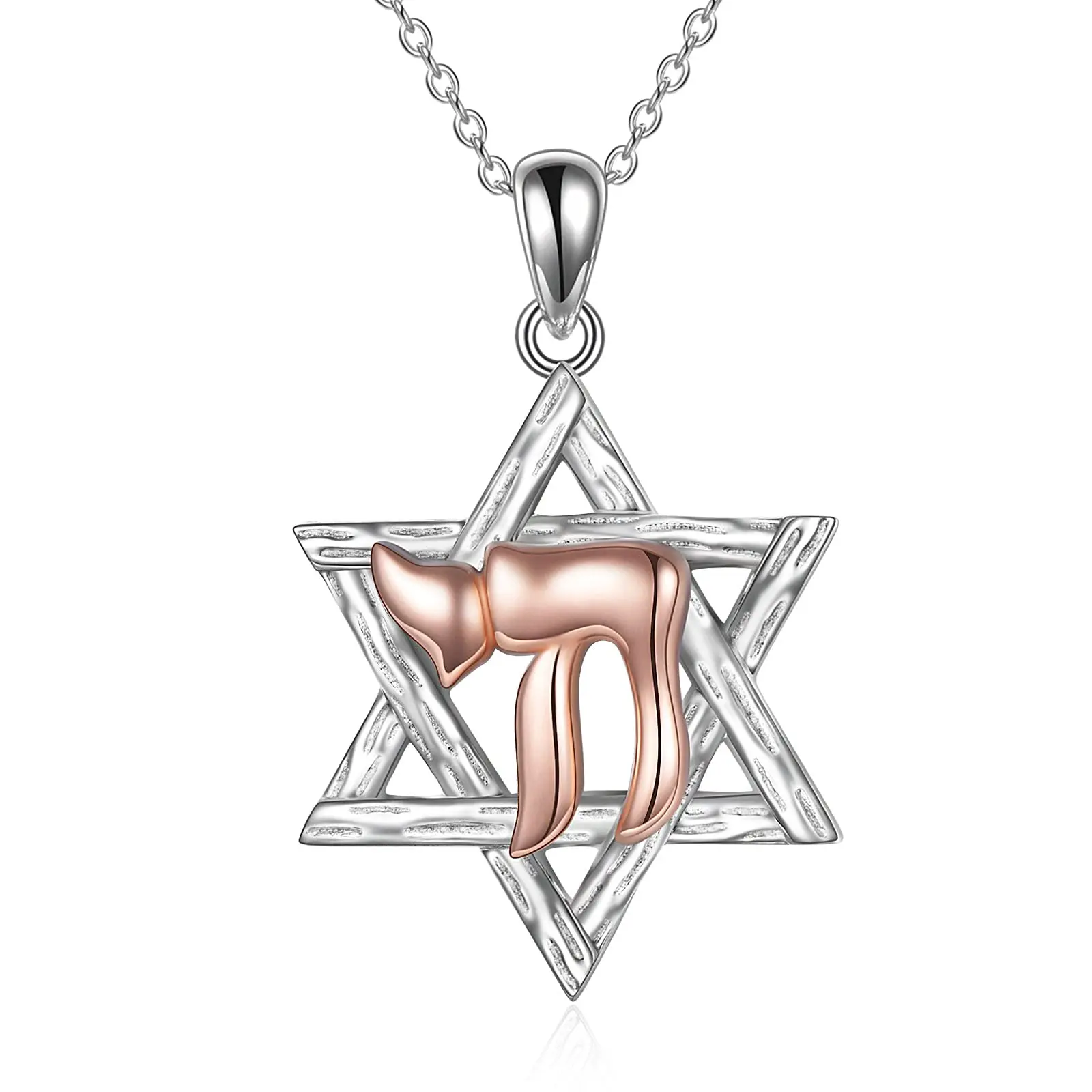 Two Tone Rose Gold Sterling Silver Israel Map Star of David Chai Hebrew Jewish Jewelry Pendant Necklace Judaism Judaica