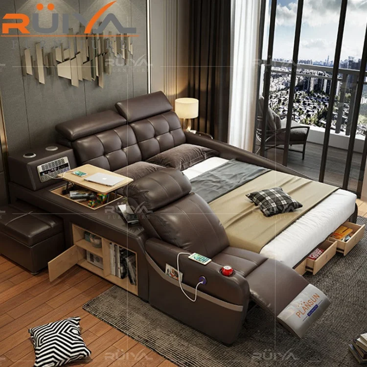 Ruiya Furniture factory direct sale modern Multifunctional smart bed tatami leather king bed with recliner chair