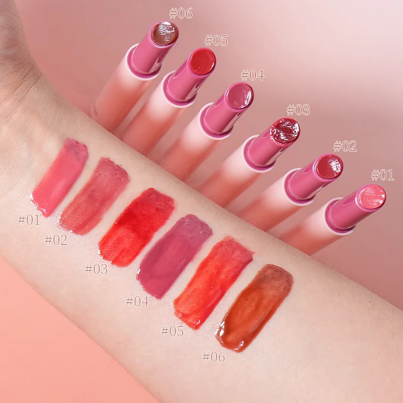 Private Label 6 Colors Vegan Shinny Moisturizing Slim Pressed Firm Cream Glossy Lipstick