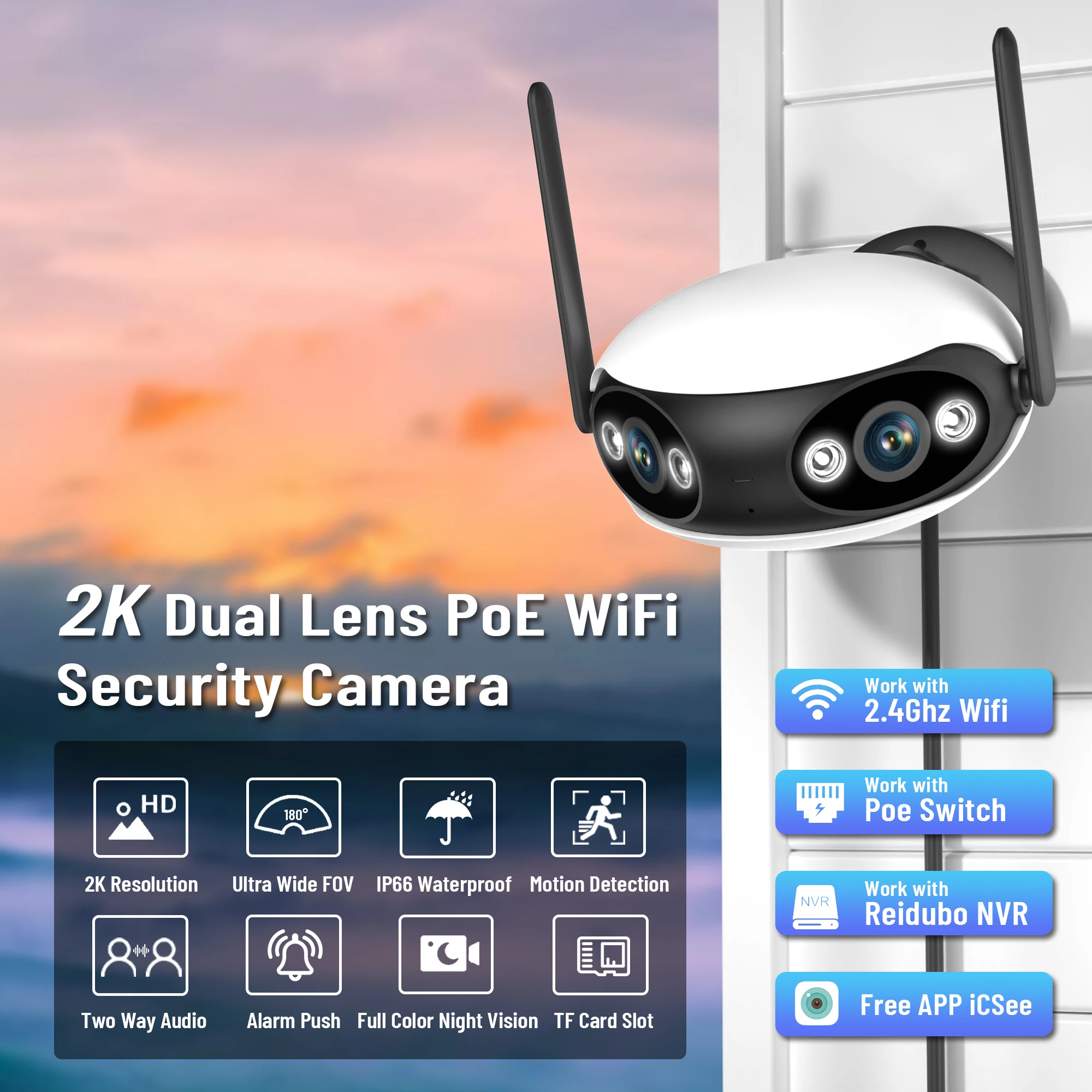 Полноцветная панорамная сетевая камера 2K с двумя объективами 180 ИК AI POE Wi-Fi безопасности наружная Водонепроницаемая видеонаблюдения поддержкой 2-полосного аудио