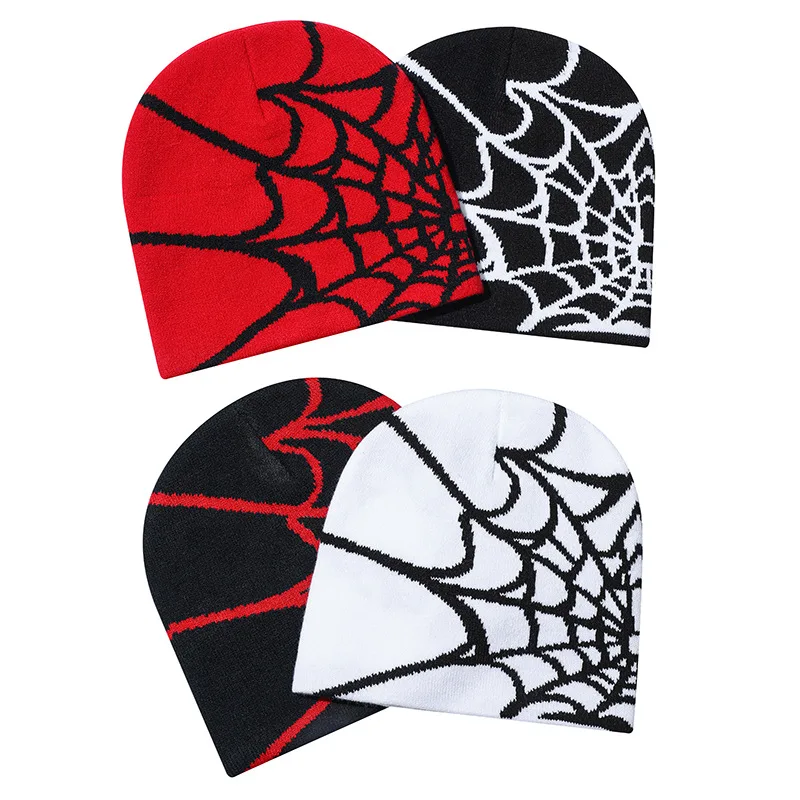 Good Sale Low MOQ Spider Web Pattern Beanie Caps Fashion Warm Knitted Winter Hat Custom Logo Jacquard Cuffless Beanie Hats