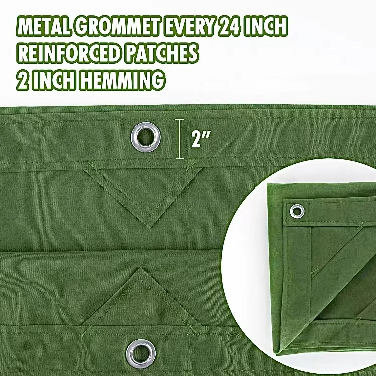 Green Canvas Tarp with Rustproof Grommets, 12 Oz 18 Oz Heavy Duty Multipurpose Tarpaulin Cover
