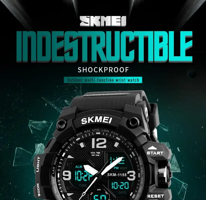 Мужские спортивные часы SKMEI 1155B 2024 1155 5 бар водонепроницаемые наручные с двойным дисплеем