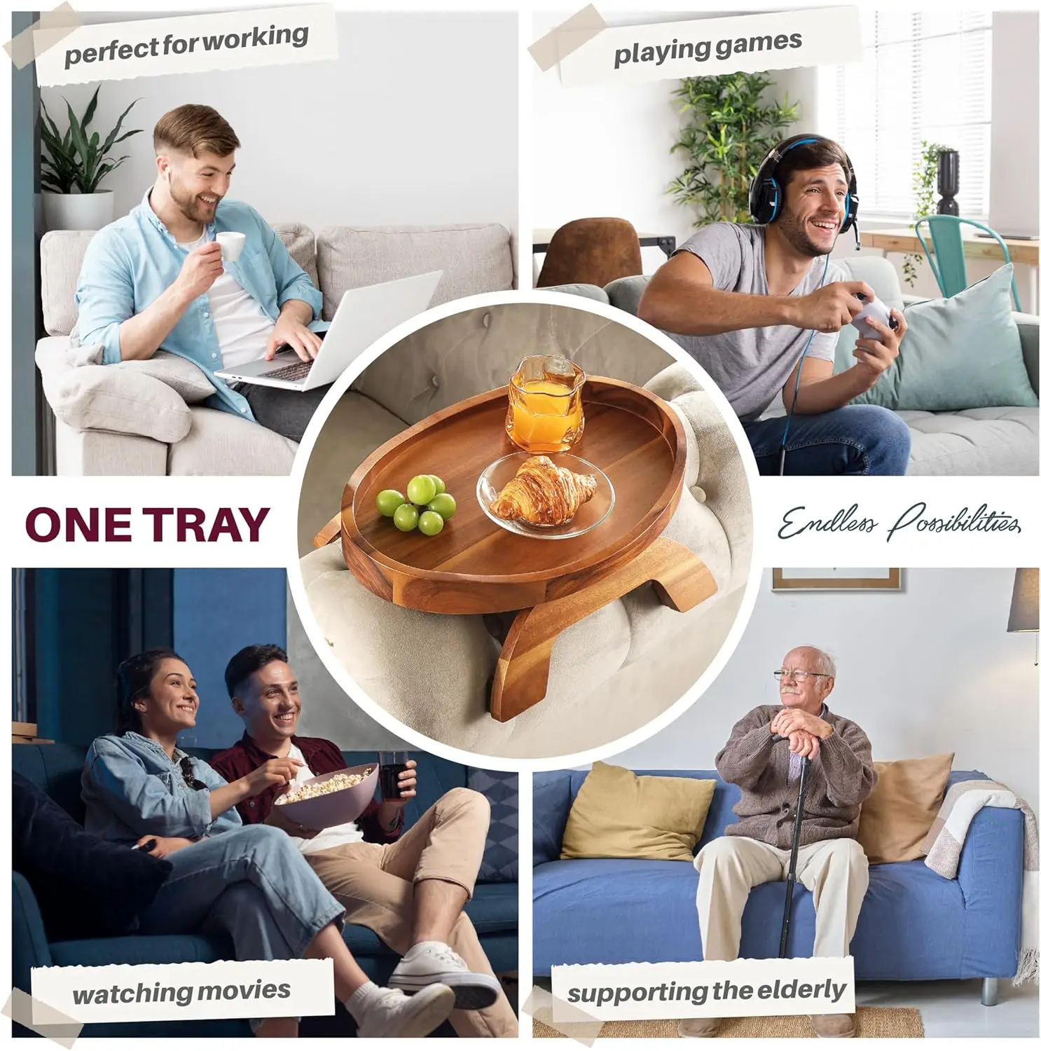 Wholesale Custom Wooden sofa armrest tray with Sofa armrest table wooden serving tray for Food Storage and Table Use