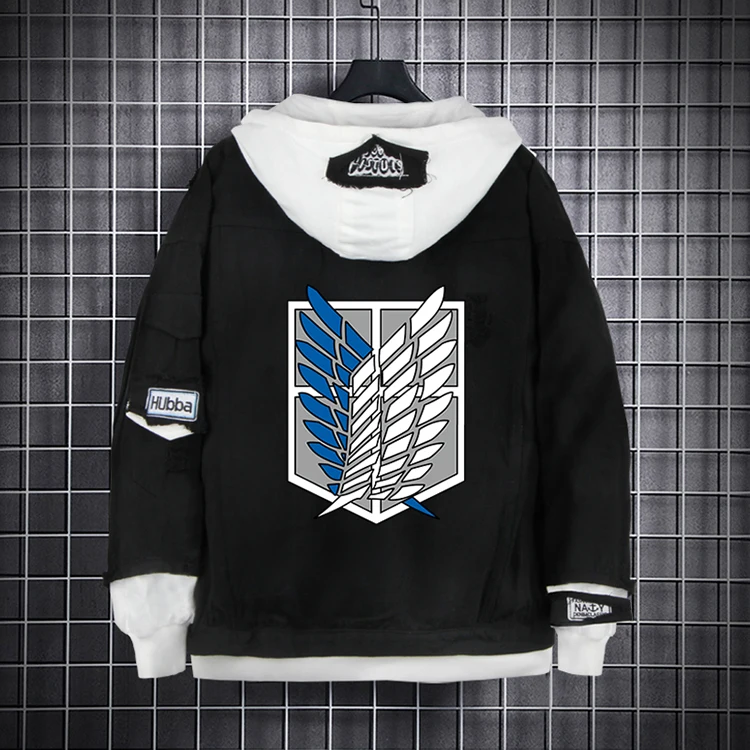 Attack on the giant anime hooded denim jacket male autumn and winter wholesale custom thermal transfer casual black denim jacket