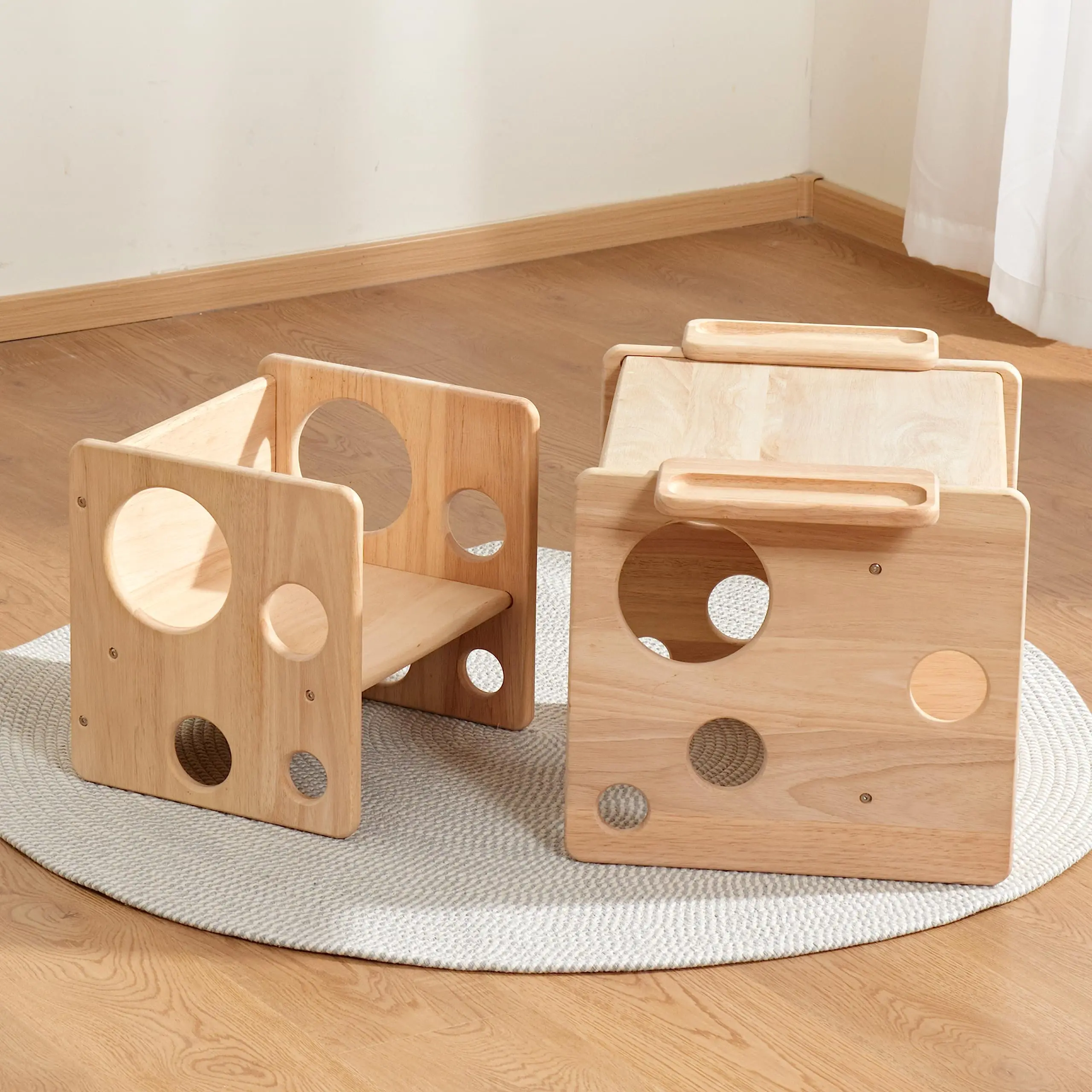 Montessori Weaning Table and Chair Set Toddler Table and Chair Set Natural Solid Wooden Kids Table Cube Chair for Boys and Girls
