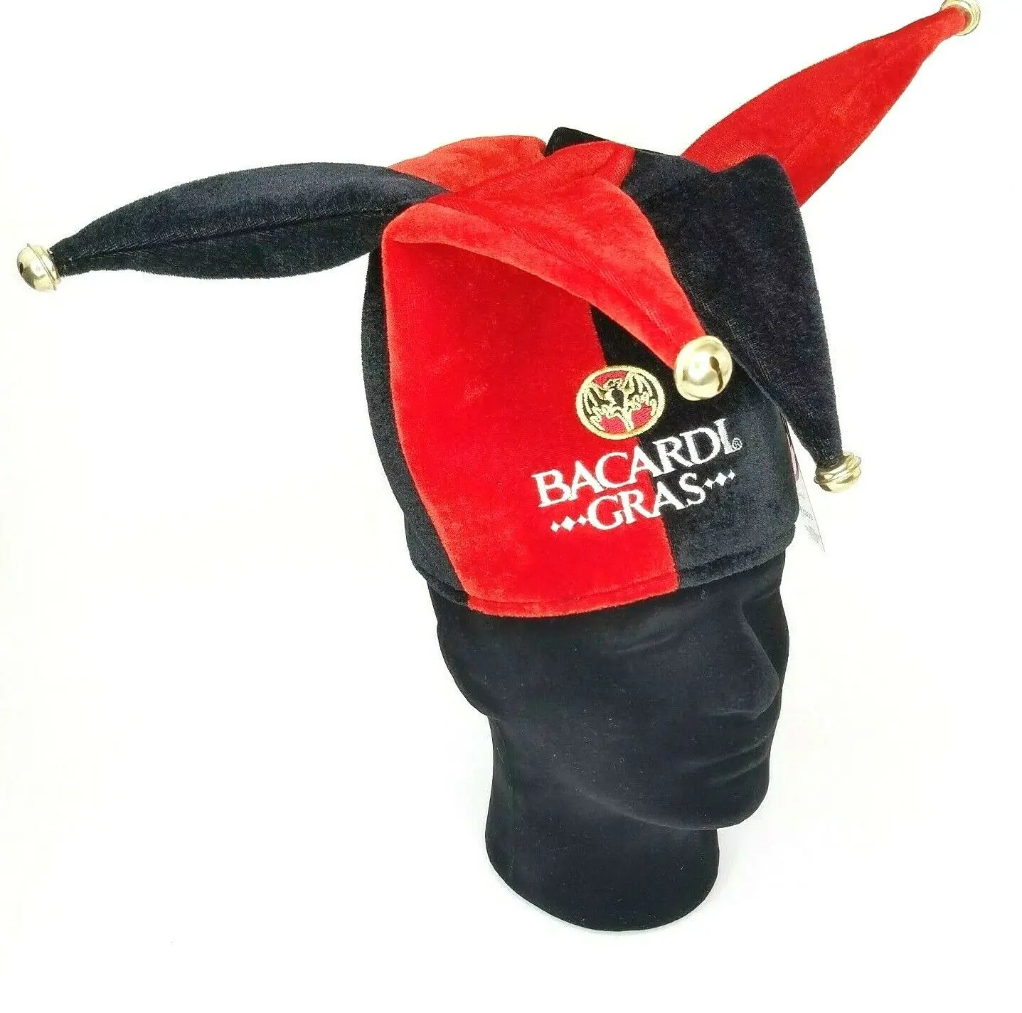 
Bacardi Gras Rum Court Jester Hat Cap Mardi Gras Red Black Bat Logo 