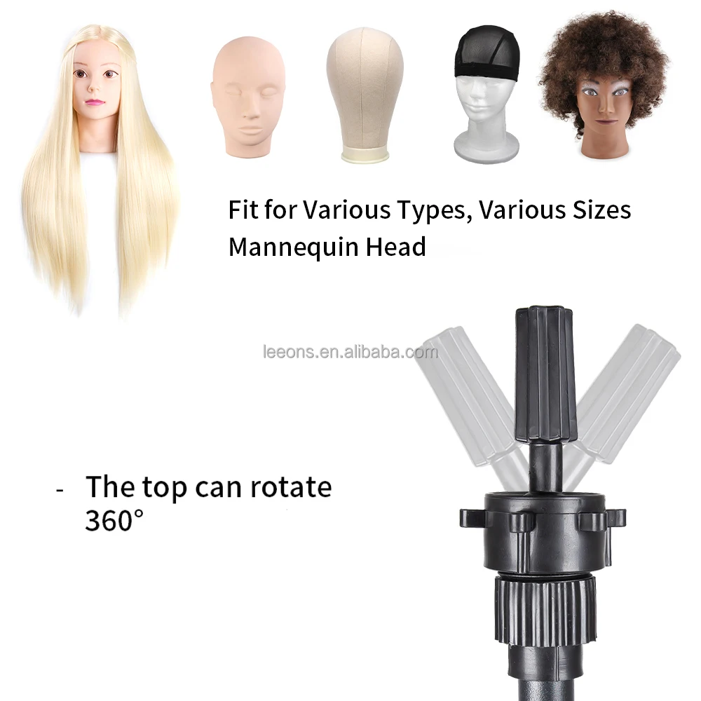 Leeons Portable Stainless Steel Black Adjustable Mannequin Head Stand Tripod Lightweight Mini Wig Table Tripod for Wigs Making