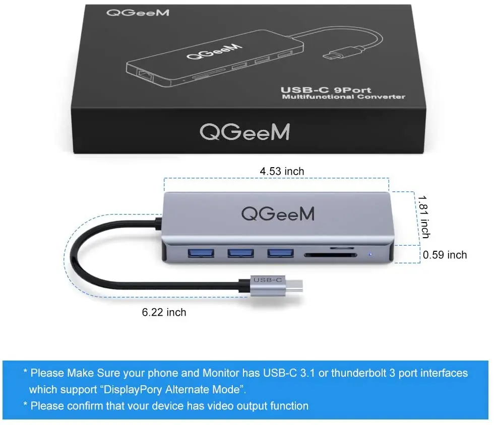  USB C Hub 4K QGeeM 9 в 1 Type-c адаптер HDMI 100 Вт PD 3 0/2 0 Совместимость с большим количеством USB-C устройства Док-станция для спортивной
