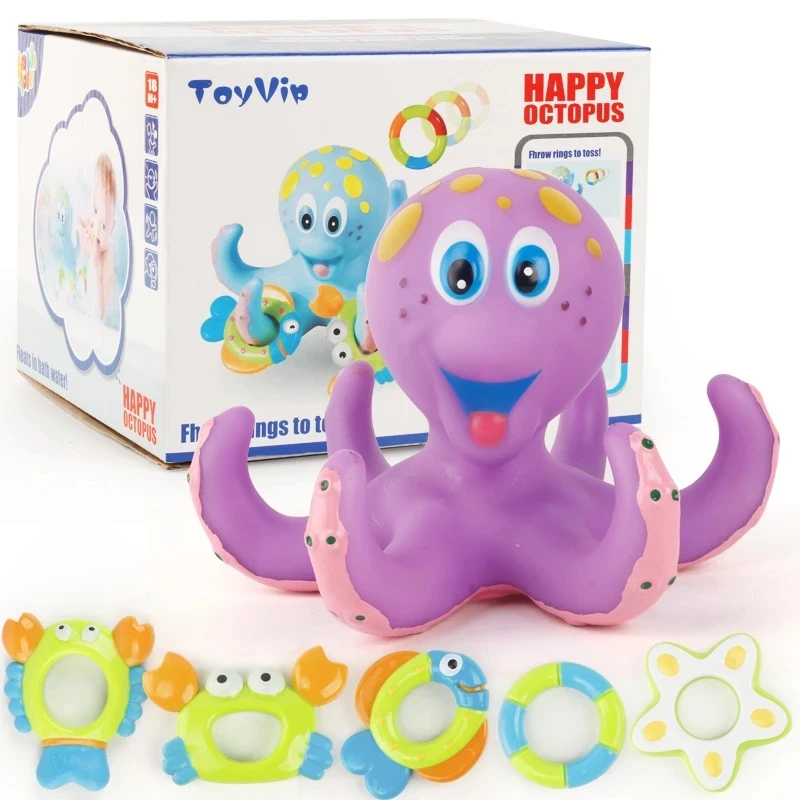 Hot Sell Floating Purple Octopus With 5 Hoopla Rings Interactive Bath Toy Bathtub Bathing Pool Education Toy for Kids
