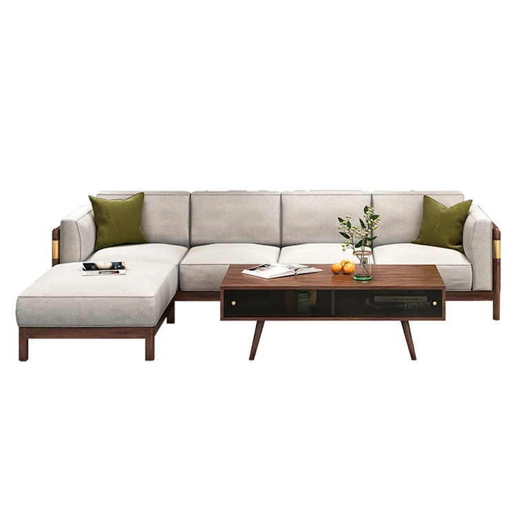 Modern solid wood frame sofa fashionable, wide and soft living room wood sofa set