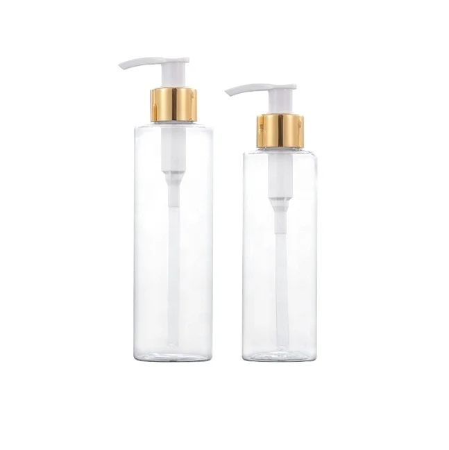 200mL pressure pump bottle. Transparent bottle body, white pump head, gold ring