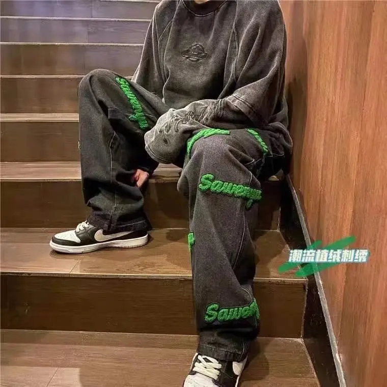 Mens Oversized Jeans Hiphop Embroiled Baggy Denim jeans For Mens Sustainable Loose Jeans