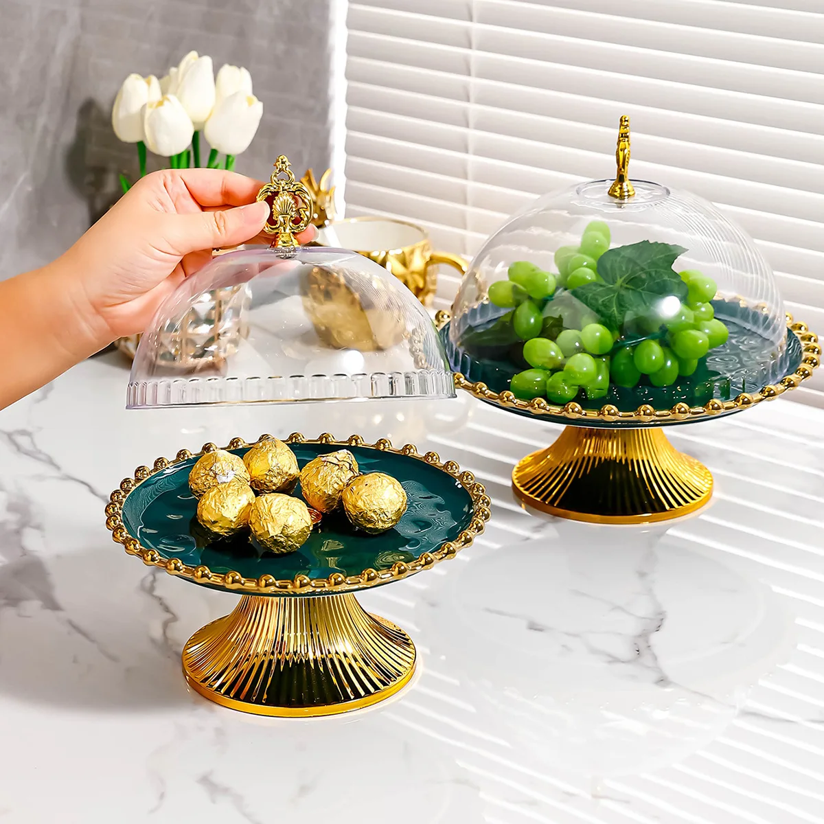 Transparent Cake Plate Fruit with Lid Dim & Heart Love European Style Light Luxury Ceram