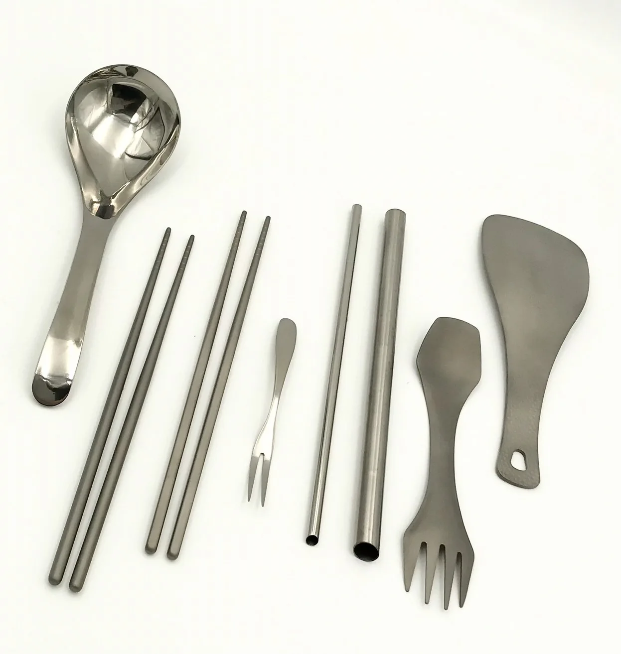 Stamped Titanium Alloy Outdoor Camping Dinnerware Set Includes Cups Soup Spoons Chopsticks Rice Spoons Forks Straws