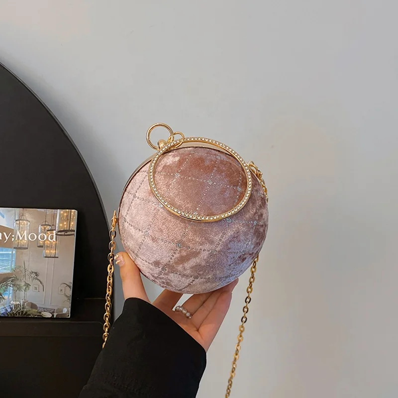 2023 Winter Design Girl Rhinestone Ball Bags Cross Chain Shoulder Ladies Suede Purse Mini Style Ball Shape Handbag for Women