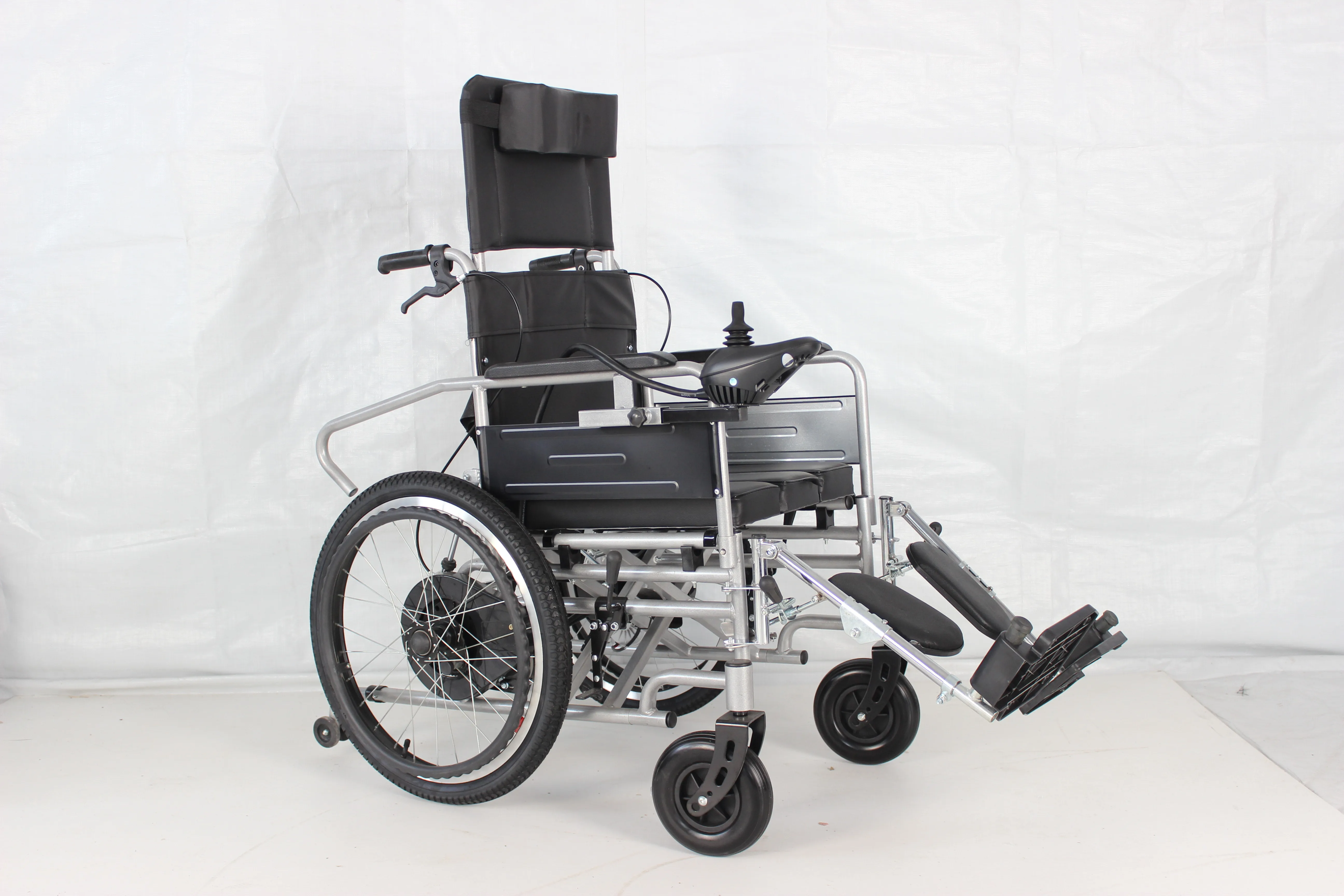 electric wheelchair high backrest moved both electrically  manually dual motor drive electronic brake system folding wheelchair