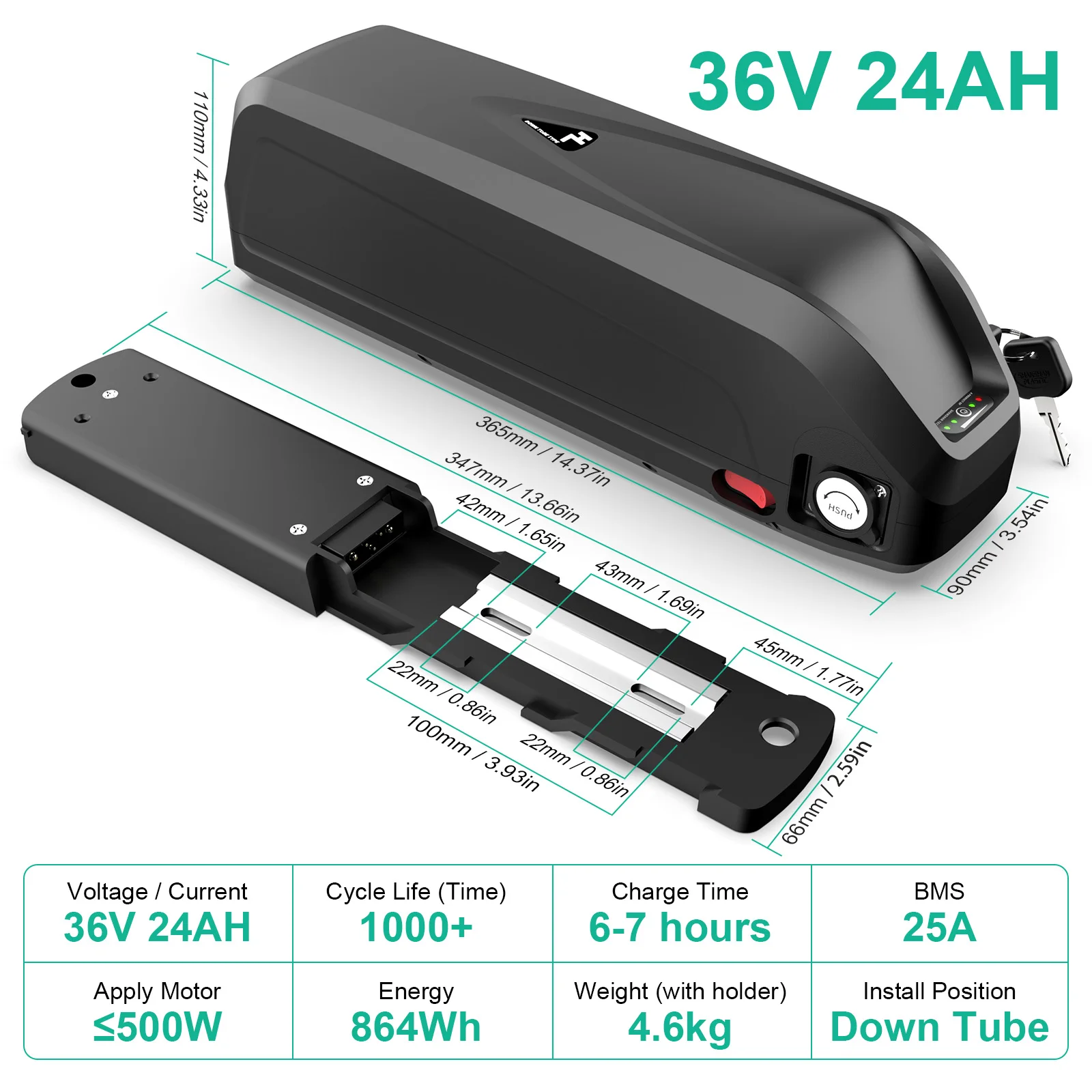 EU Stocked Hailong 36V 24Ah 10S5P Ebike Down Tube Battery 21700 with 25A BMS and 3A Charger XT60 Fit for 205W-750W Motor