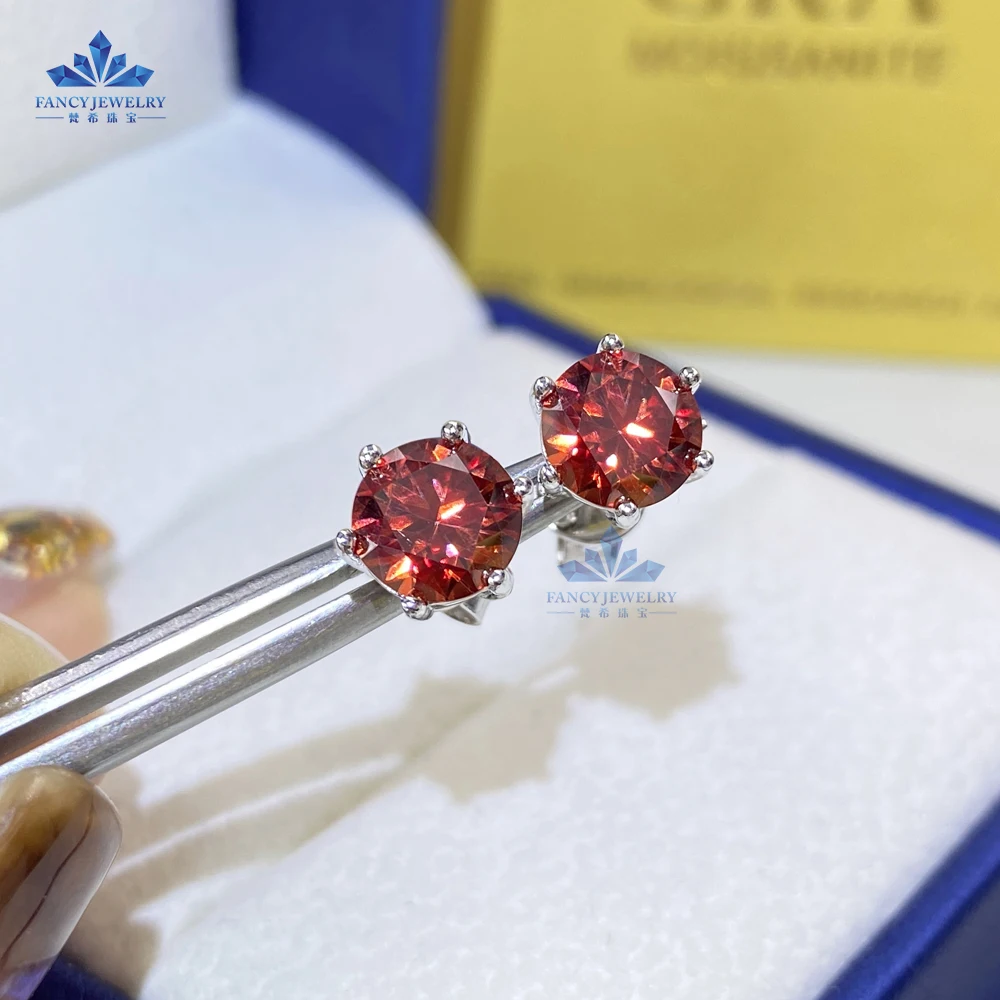 Pass Diamond Tester Colorful Diamond Jewelry 6.5mm 1CT Blue Green Red Yellow Black Moissanite Earrings for Women Men