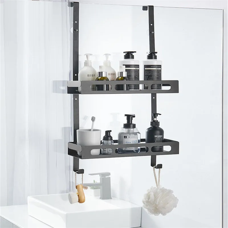 OGJ 201 Double-Layer Non-Perforated Stainless Steel Double-Door Rear Hanging Basket Bathroom Shelf