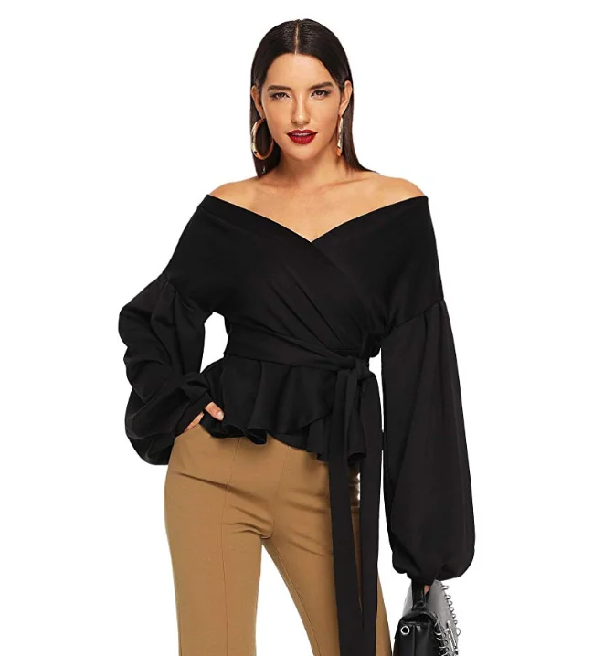 Оптовая продажа, новейший дизайн, сексуальная Женская Повседневная рубашка с открытыми плечами и поясом