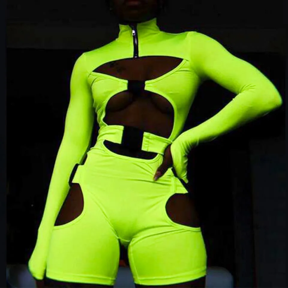 Fluorescent Green Schoolbag Button Long Sleeve Short bodysuits for women jumpsuits, playsuits jumpsuits