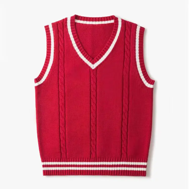 100% Cotton Preppy Chic V-Neck Pullover Vest Sweater Solid Color New School Uniform Knitwear for Men Custom Manufacturer