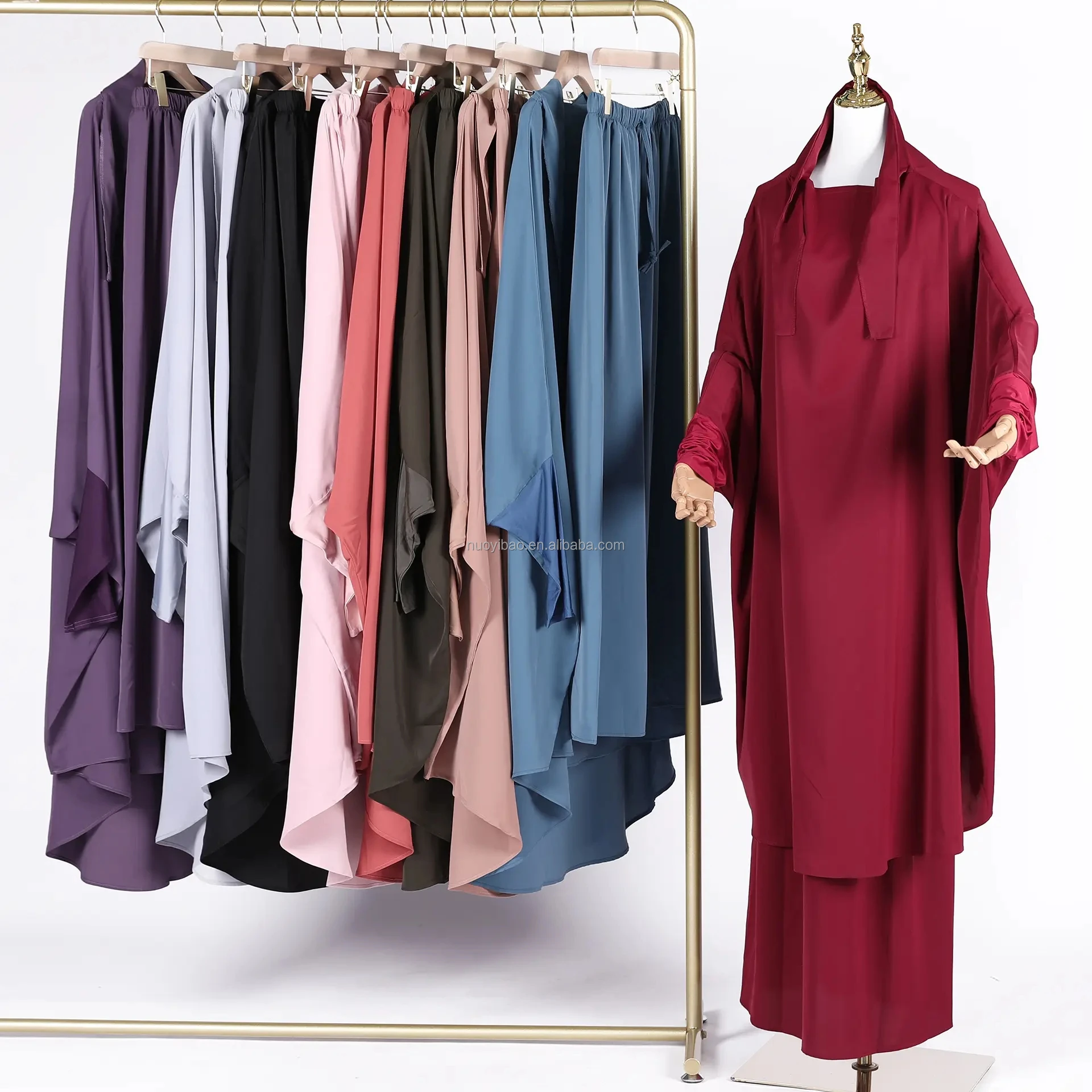 High Quality EID Full Length Islamic Clothing Muslim Women Dress Butterfly Two Layers Khimar Two Piece Set Crepe Abaya niqab