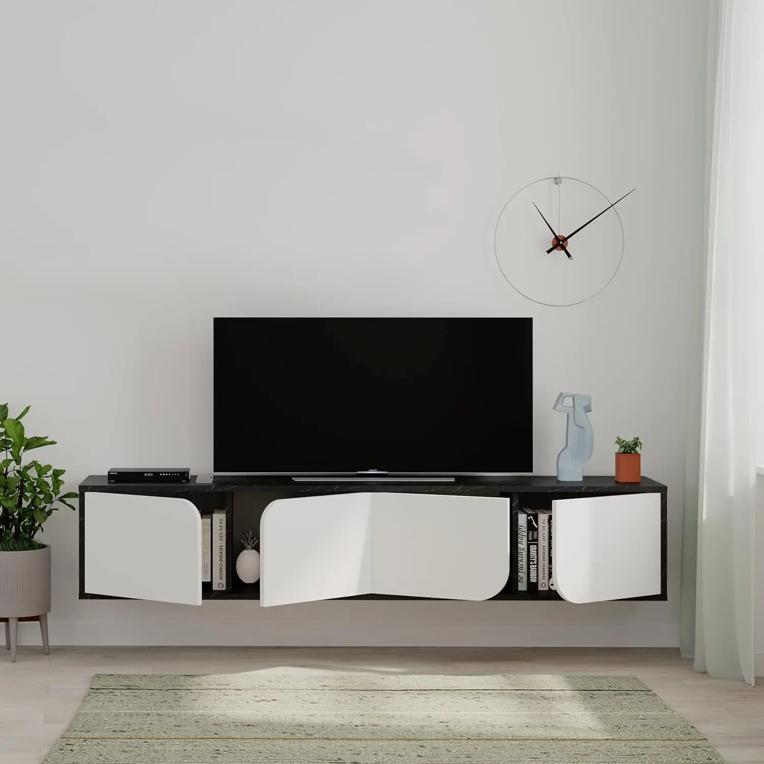Modern TV Stand Multimedia Centre TV Unit Black Marble Effect White With Storage Cabinet 180cm