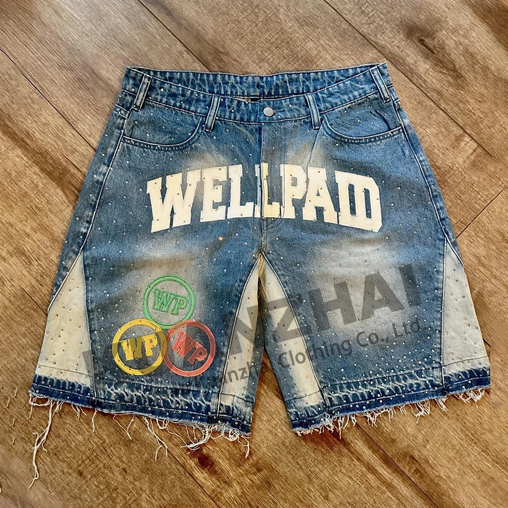 Custom manufacturer flare distressed embroidery rhinestone man short denim baggy jeans men jorts