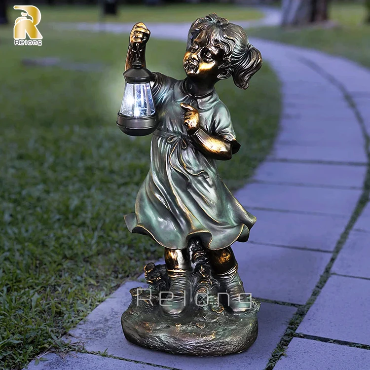Out Door Garden Bronze Human Figure Lady Holding Lamp Light Statue Sculpture