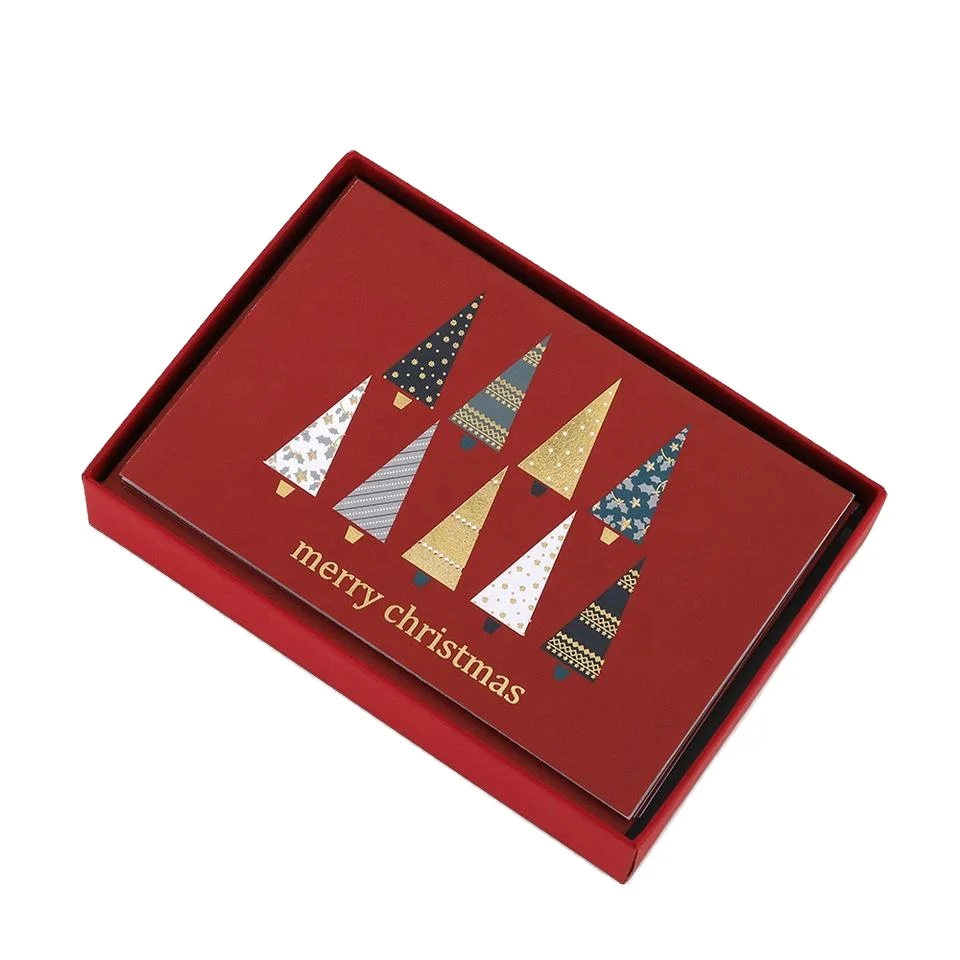 Custom Printed Handmade Paper Christmas Tree Boxed Happy Holidays Greeting Cards with Envelope Set