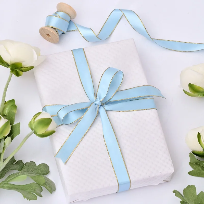 Yama manufacturer wholesales price polyester 16mm width fashion novelty high quality satin ribbon gold edges