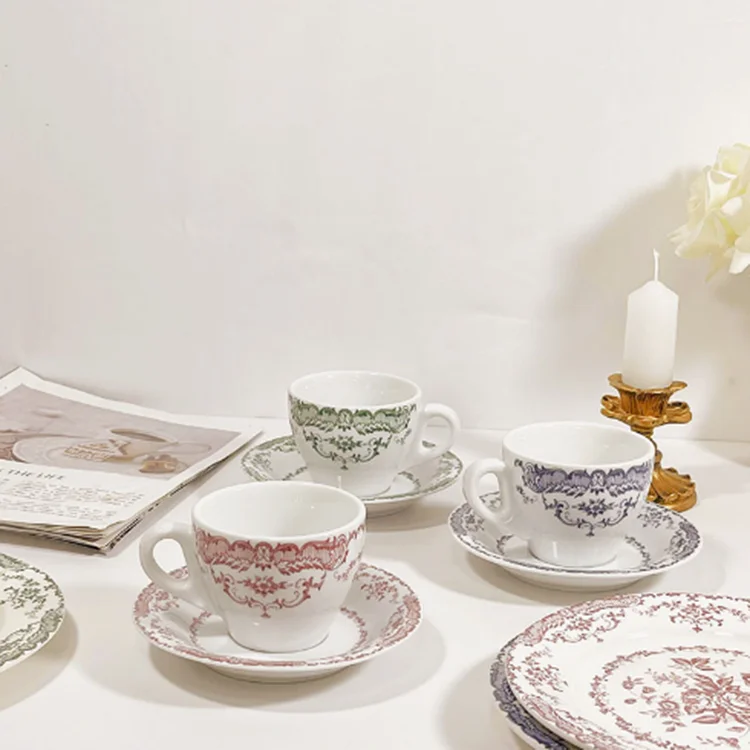 Ready to ship European style retro rose flowers white ceramic coffee cups and saucers afternoon tea cups custom logo