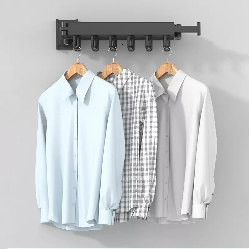 Aluminum Laundry Clothesline Stainless Steel Retractable Cloth Hook Drying Rack Folding Wall Mounted Clothes Hanger Rack