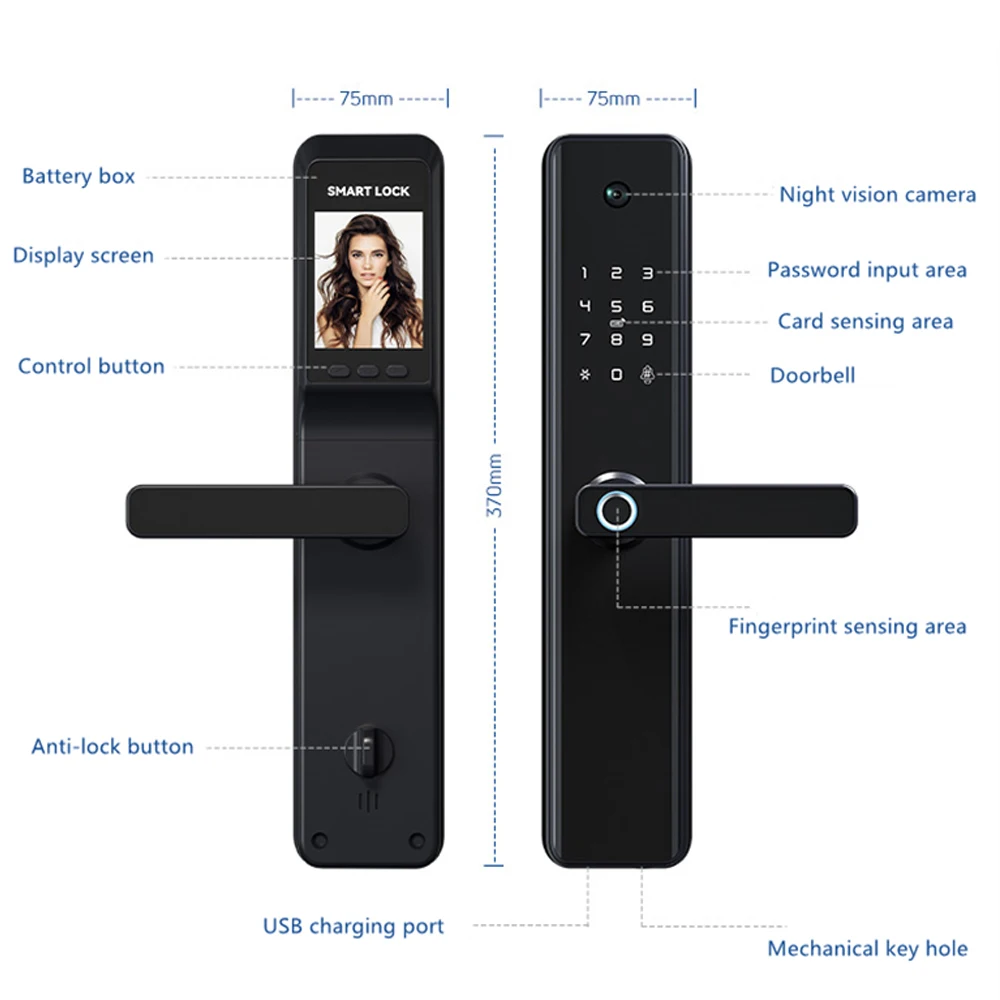 Elock ES237F oem Tuya Safety Smart Lock Wifi electronic door handle security fingerprint smart lock with Camera